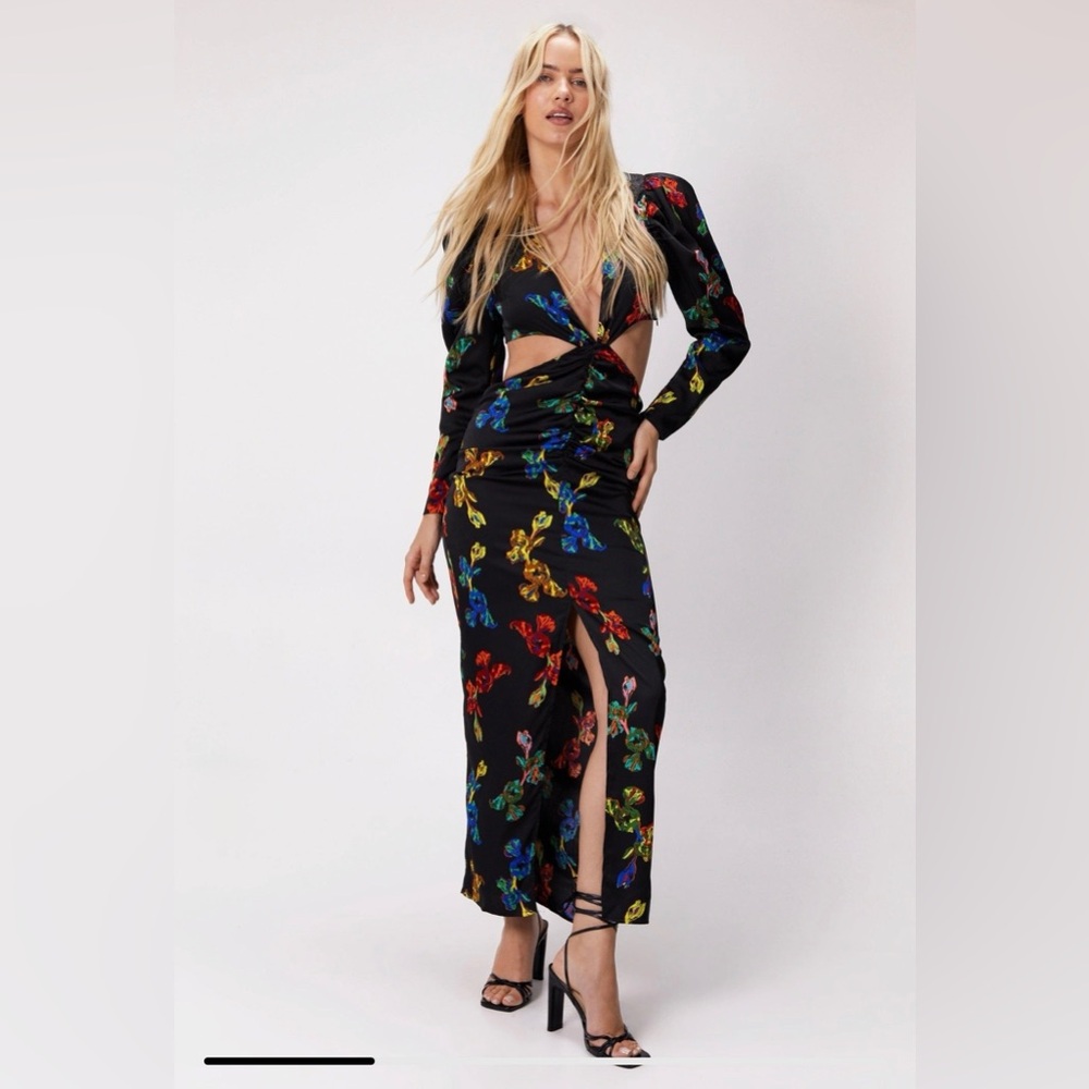 NWT Nasty Gal Black Floral Cutout Maxi Dress with Slit 8